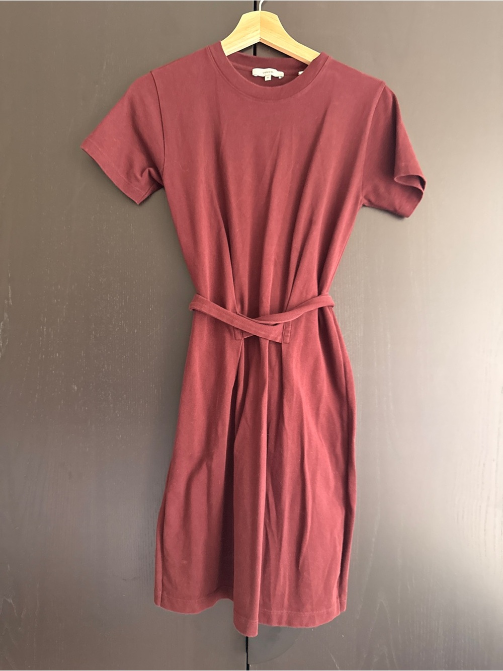 Vince Short-Sleeve Midi Dress in Burgundy Red